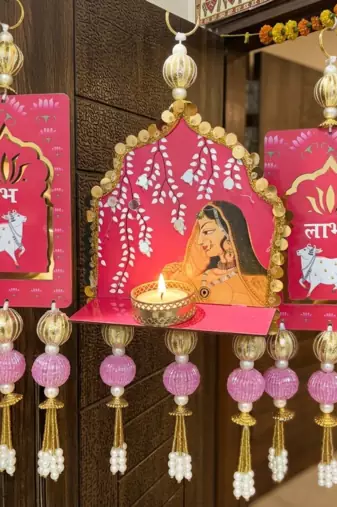 handmade shubh labh cow mandir jharkoha decorative hanging (set of 1)