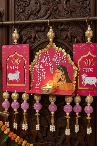 handmade shubh labh cow mandir jharkoha decorative hanging (set of 1)