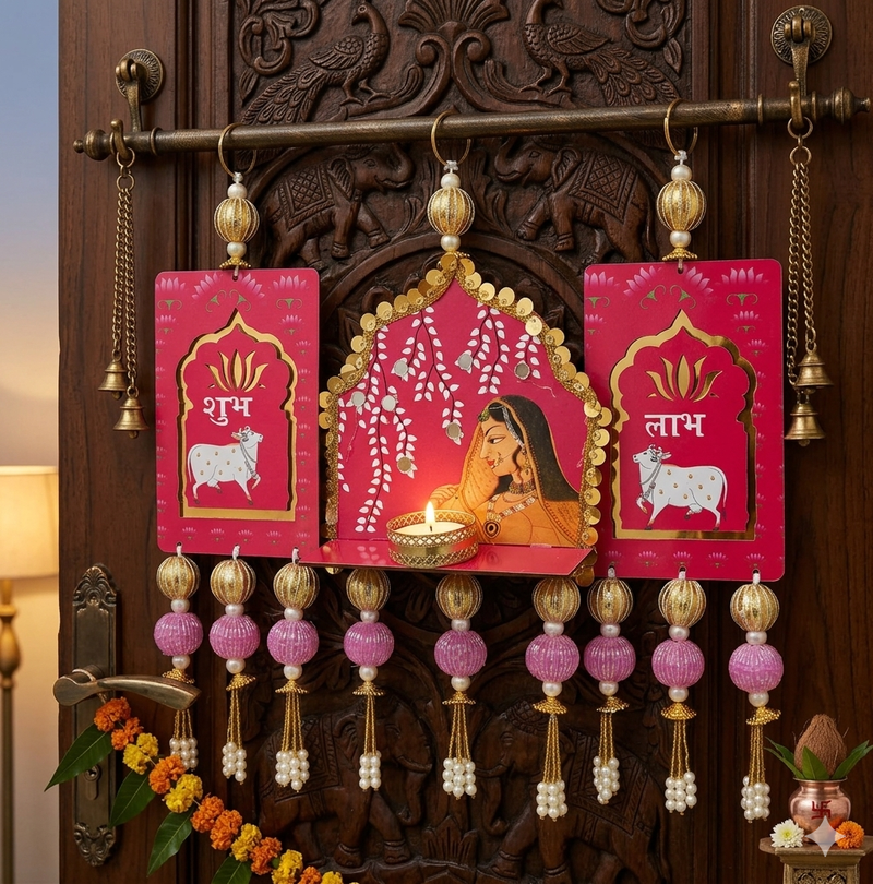 handmade shubh labh cow mandir jharkoha decorative hanging (set of 1)