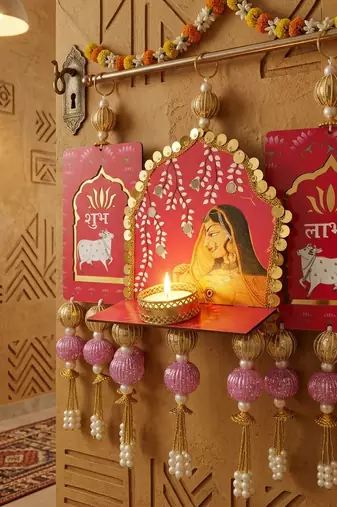 handmade shubh labh cow mandir jharkoha decorative hanging (set of 1)