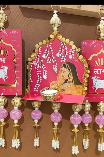 handmade shubh labh cow mandir jharkoha decorative hanging (set of 1)