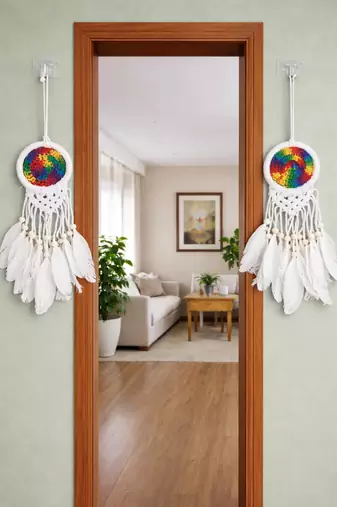 handmade multicolor dream catcher wall hanging white wooden beads boho decor (pack of 2)