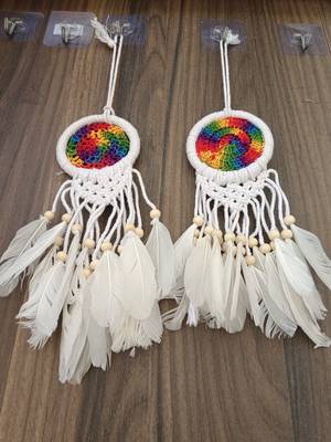 handmade multicolor dream catcher wall hanging white wooden beads boho decor (pack of 2) 2
