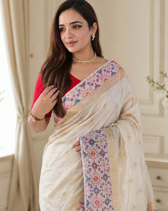 off white color multithread weaving zari woven pall silk blend saree
