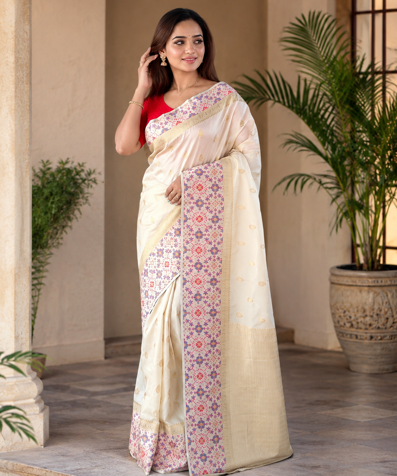 off white color multithread weaving zari woven pall silk blend saree