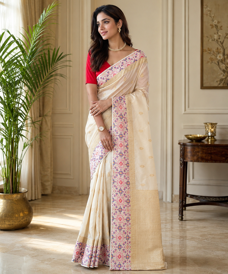 off white color multithread weaving zari woven pall silk blend saree