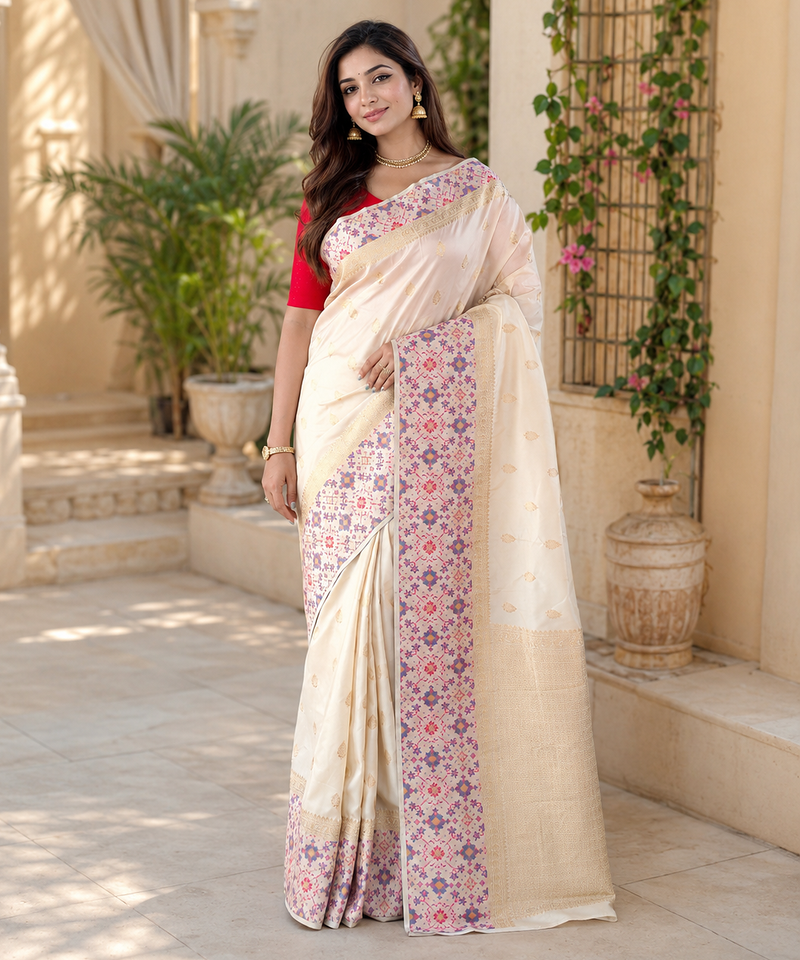off white color multithread weaving zari woven pall silk blend saree