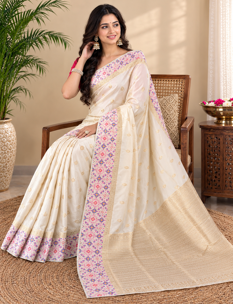 off white color multithread weaving zari woven pall silk blend saree