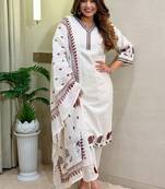 Off white khadi cotton with embroidery kurti pent dupatta set