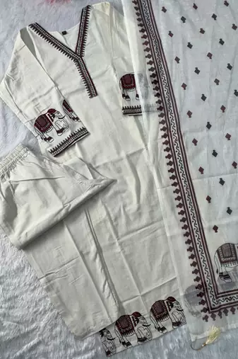 Off white khadi cotton with embroidery kurti pent dupatta set