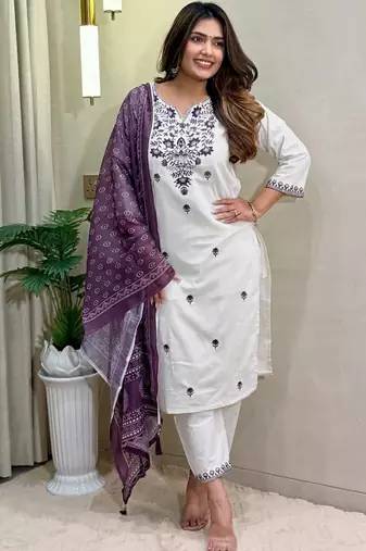 Off white khadi cotton with embroidery kurti pant dupatta set