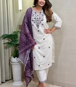 Off white khadi cotton with embroidery kurti pant dupatta set