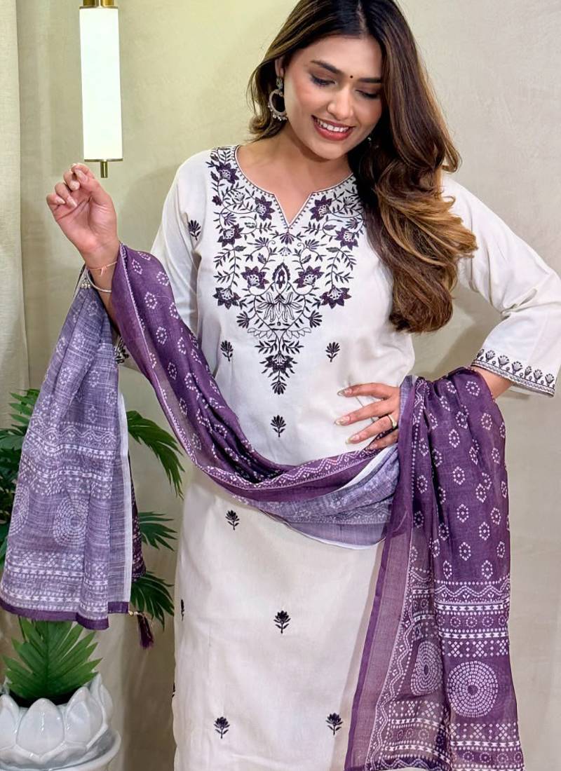 Off white khadi cotton with embroidery kurti pant dupatta set