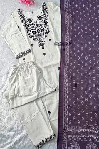 Off white khadi cotton with embroidery kurti pant dupatta set