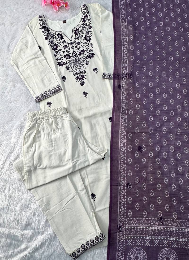 Off white khadi cotton with embroidery kurti pant dupatta set