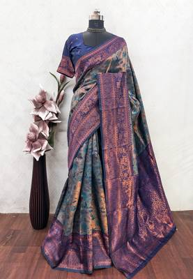 Turquoise blue Art silk blend banarasi jacquard bird motif work saree with unstitched blouse piece 6