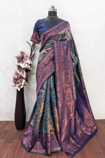 Turquoise blue Art silk blend banarasi jacquard bird motif work saree with unstitched blouse piece