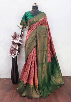 Peach green Art silk blend banarasi jacquard bird motif work saree with unstitched blouse piece 6