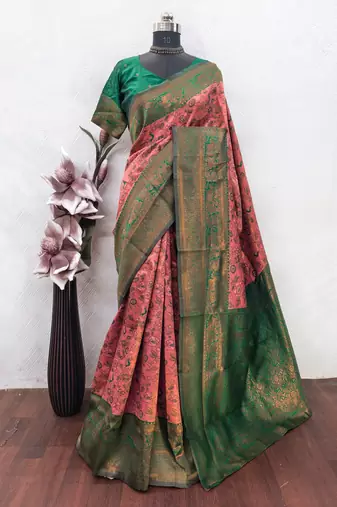 Peach green Art silk blend banarasi jacquard bird motif work saree with unstitched blouse piece