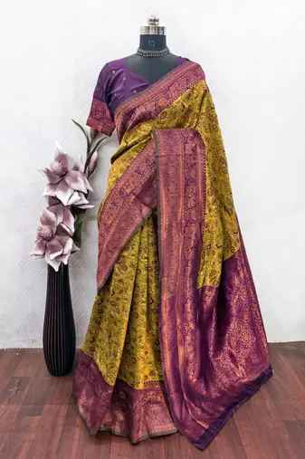 Mustard wine Art silk blend banarasi jacquard bird motif work saree with unstitched blouse piece