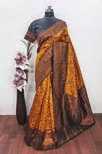 Yellow black Art silk blend banarasi jacquard bird motif work saree with unstitched blouse piece