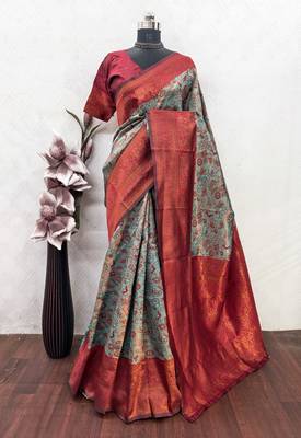 Turquoise red Art silk blend banarasi jacquard bird motif work saree with unstitched blouse piece 6