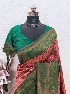Peach green Art silk blend banarasi jacquard bird motif work saree with unstitched blouse piece 7