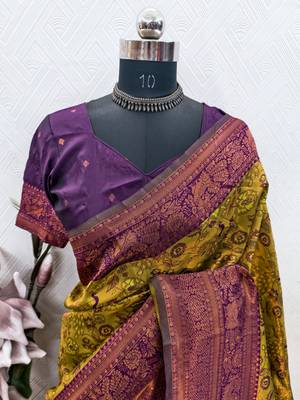 Mustard wine Art silk blend banarasi jacquard bird motif work saree with unstitched blouse piece 6