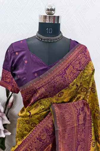 Mustard wine Art silk blend banarasi jacquard bird motif work saree with unstitched blouse piece