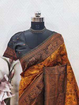 Yellow black Art silk blend banarasi jacquard bird motif work saree with unstitched blouse piece 7