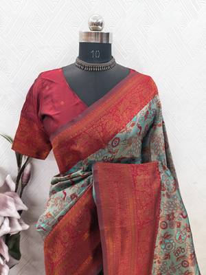 Turquoise red Art silk blend banarasi jacquard bird motif work saree with unstitched blouse piece 7