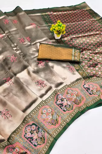 Green gajri art silk blend jacquard motif work saree with unstitched blouse piece