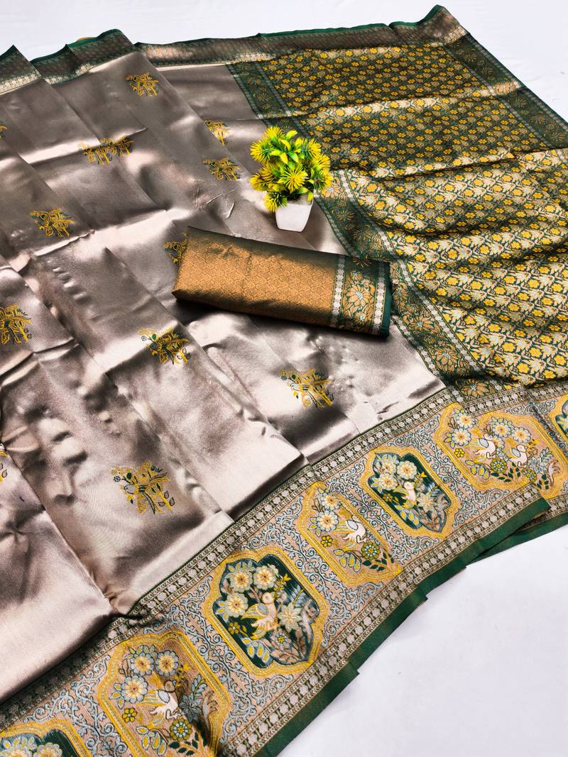 Green gold art silk blend jacquard motif work saree with unstitched blouse piece