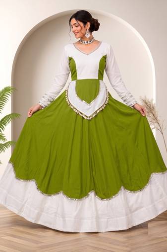 Perrot Green mirror-work Cotton Navratri Lehenga Choli
