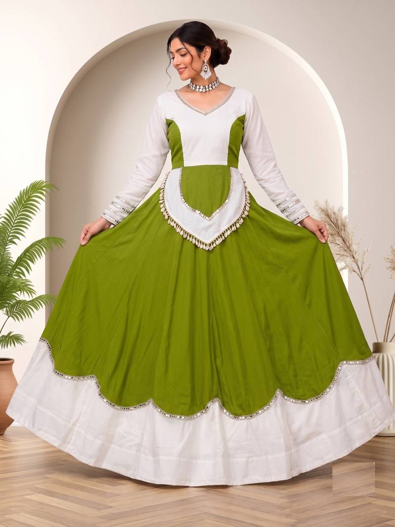 Perrot Green mirror-work Cotton Navratri Lehenga Choli
