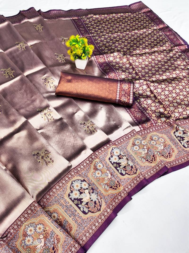 Wine beige art silk blend jacquard motif work saree with unstitched blouse piece