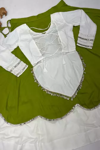Perrot Green mirror-work Cotton Navratri Lehenga Choli