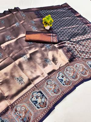 Blue rama art silk blend jacquard motif work saree with unstitched blouse piece 6