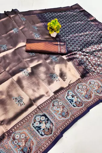 Blue rama art silk blend jacquard motif work saree with unstitched blouse piece