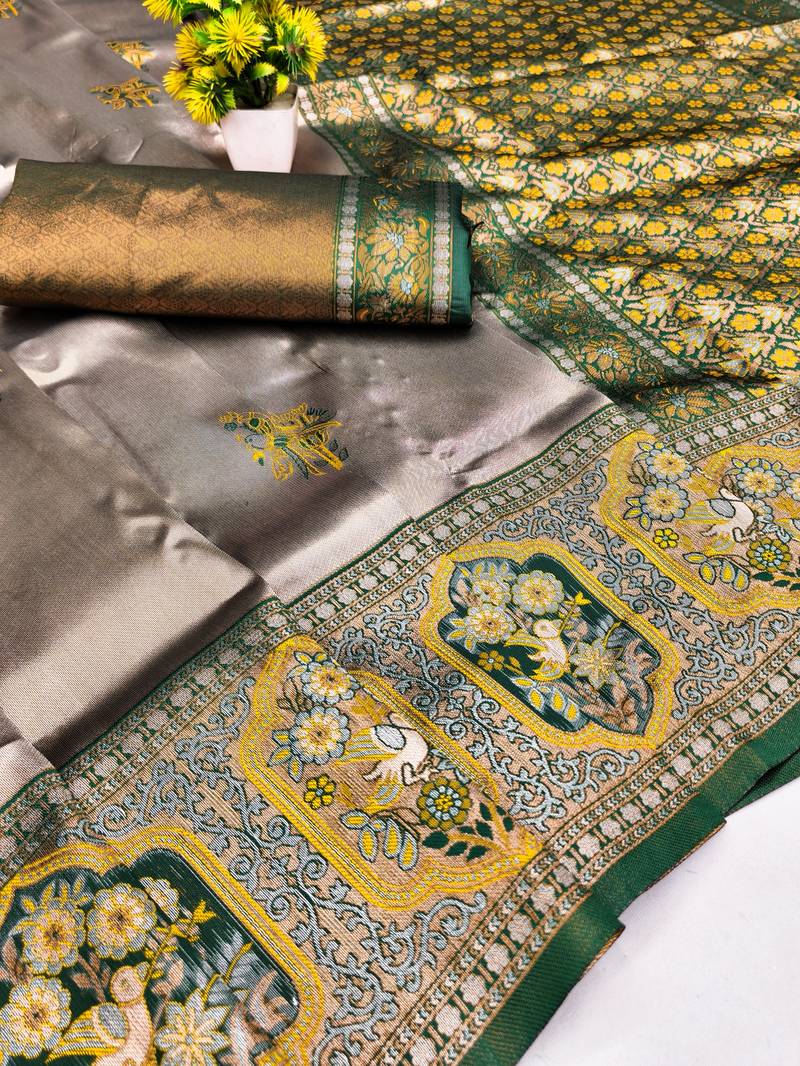 Green gold art silk blend jacquard motif work saree with unstitched blouse piece