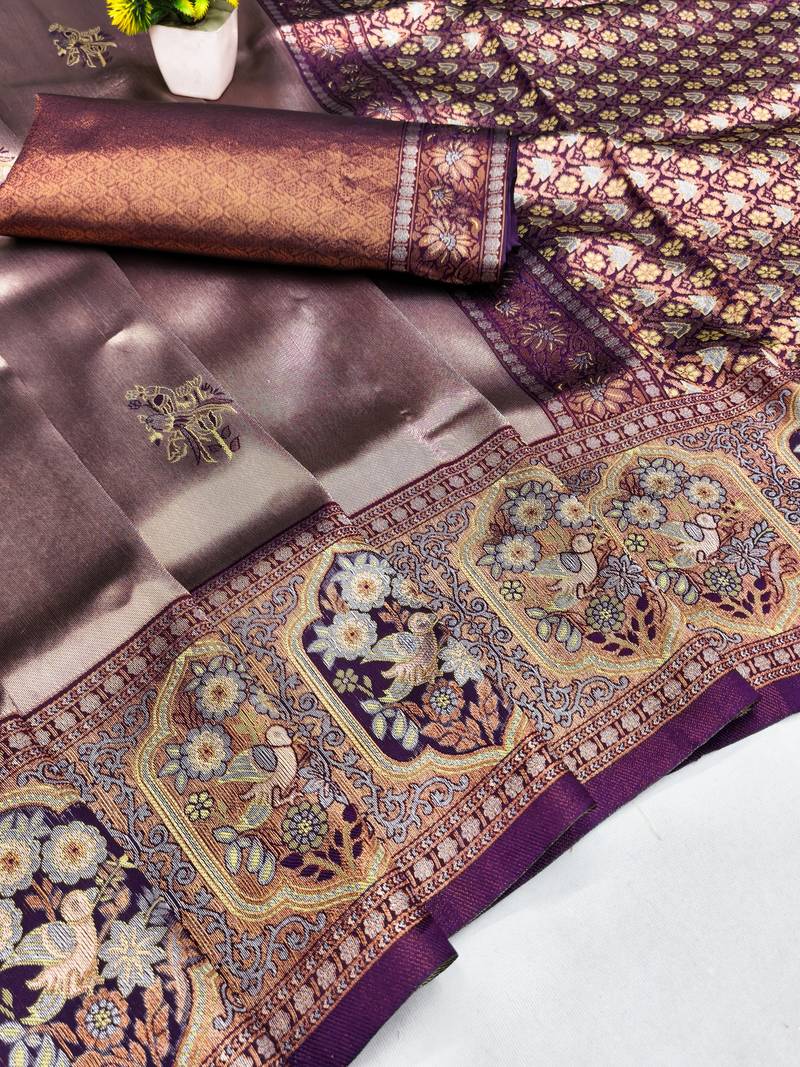 Wine beige art silk blend jacquard motif work saree with unstitched blouse piece