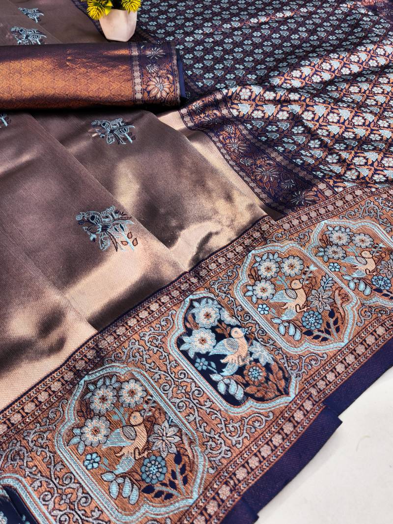 Blue rama art silk blend jacquard motif work saree with unstitched blouse piece