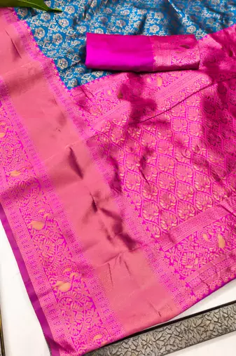 Sky pink art silk blend jacquard motif work saree with unstitched blouse piece