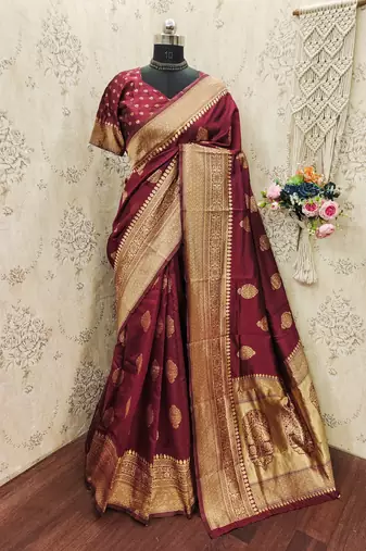 Maroon art silk blend jacquard motif work saree with unstitched blouse piece