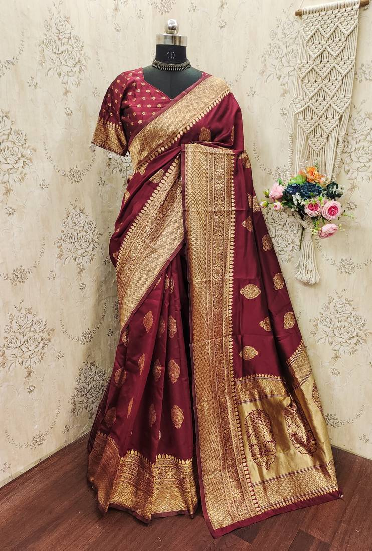 Maroon art silk blend jacquard motif work saree with unstitched blouse piece