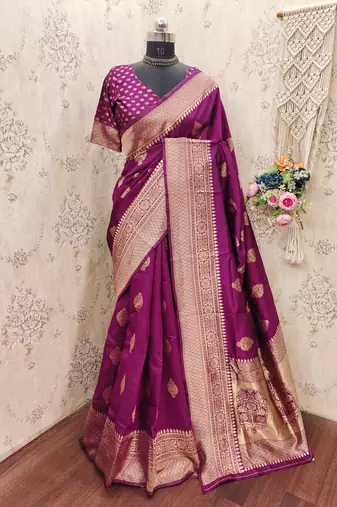 Wine art silk blend jacquard motif work saree with unstitched blouse piece