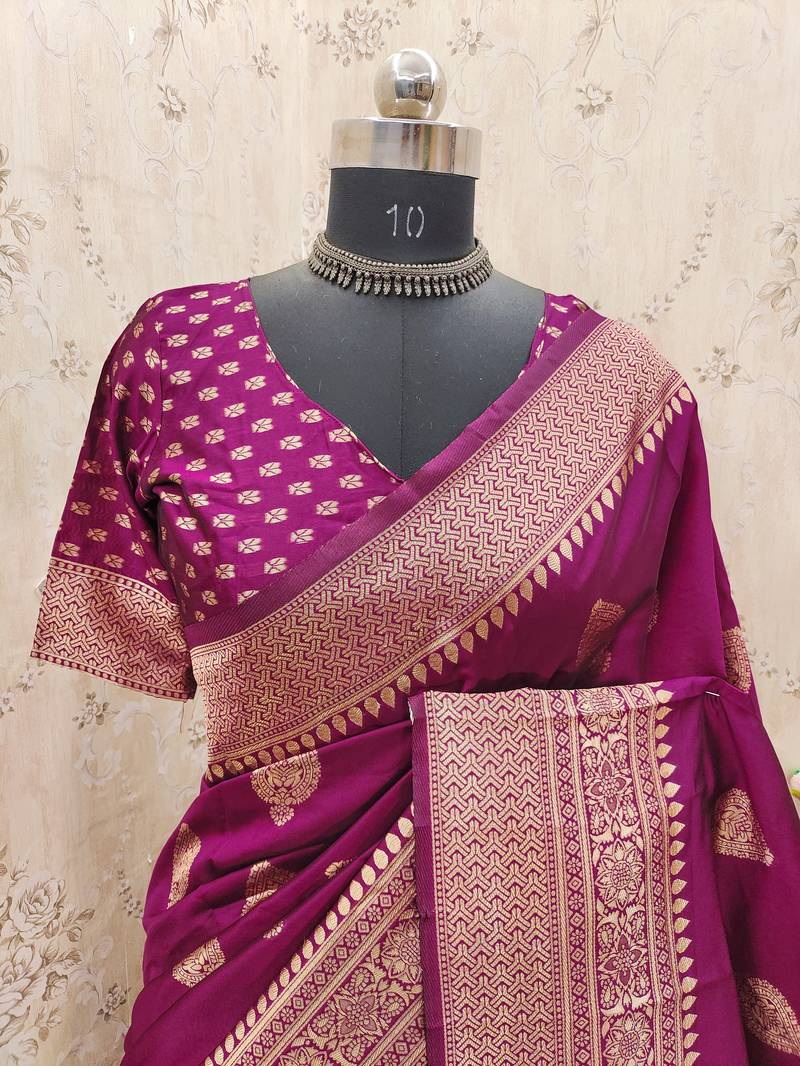 Wine art silk blend jacquard motif work saree with unstitched blouse piece