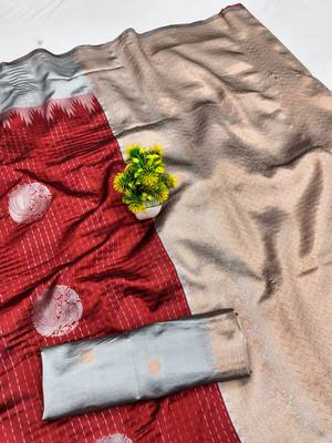 Grey red art silk blend jacquard motif work saree with unstitched blouse piece 6