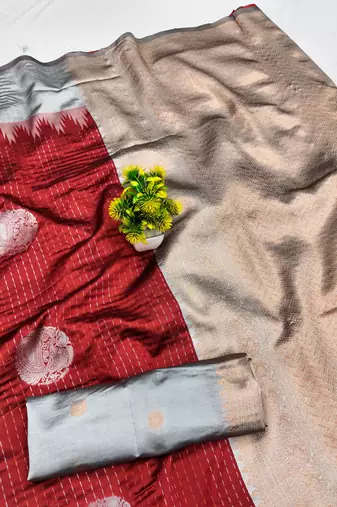 Grey red art silk blend jacquard motif work saree with unstitched blouse piece