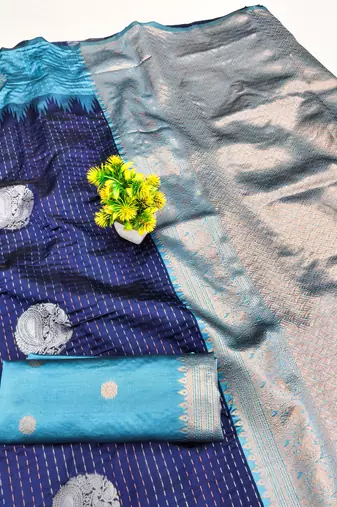 Rama blue art silk blend jacquard motif work saree with unstitched blouse piece